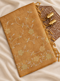 Linen Tissue with Aari Work - Smoky Blue - Musterd Yellow