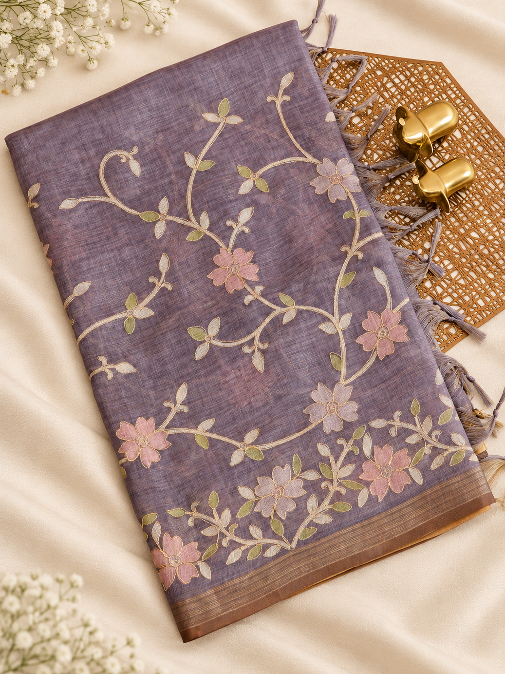 Linen Tissue with Aari Work - Smoky Blue- Lavender