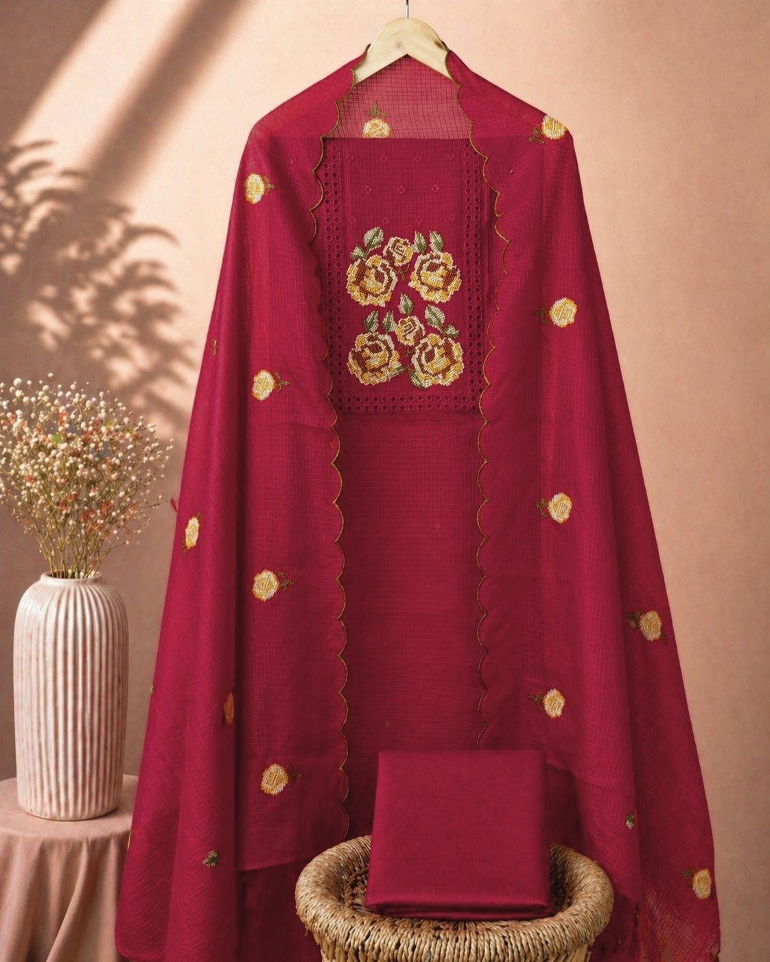 Semi Tussar Kota Unstitched Salwar Set – Dark Red