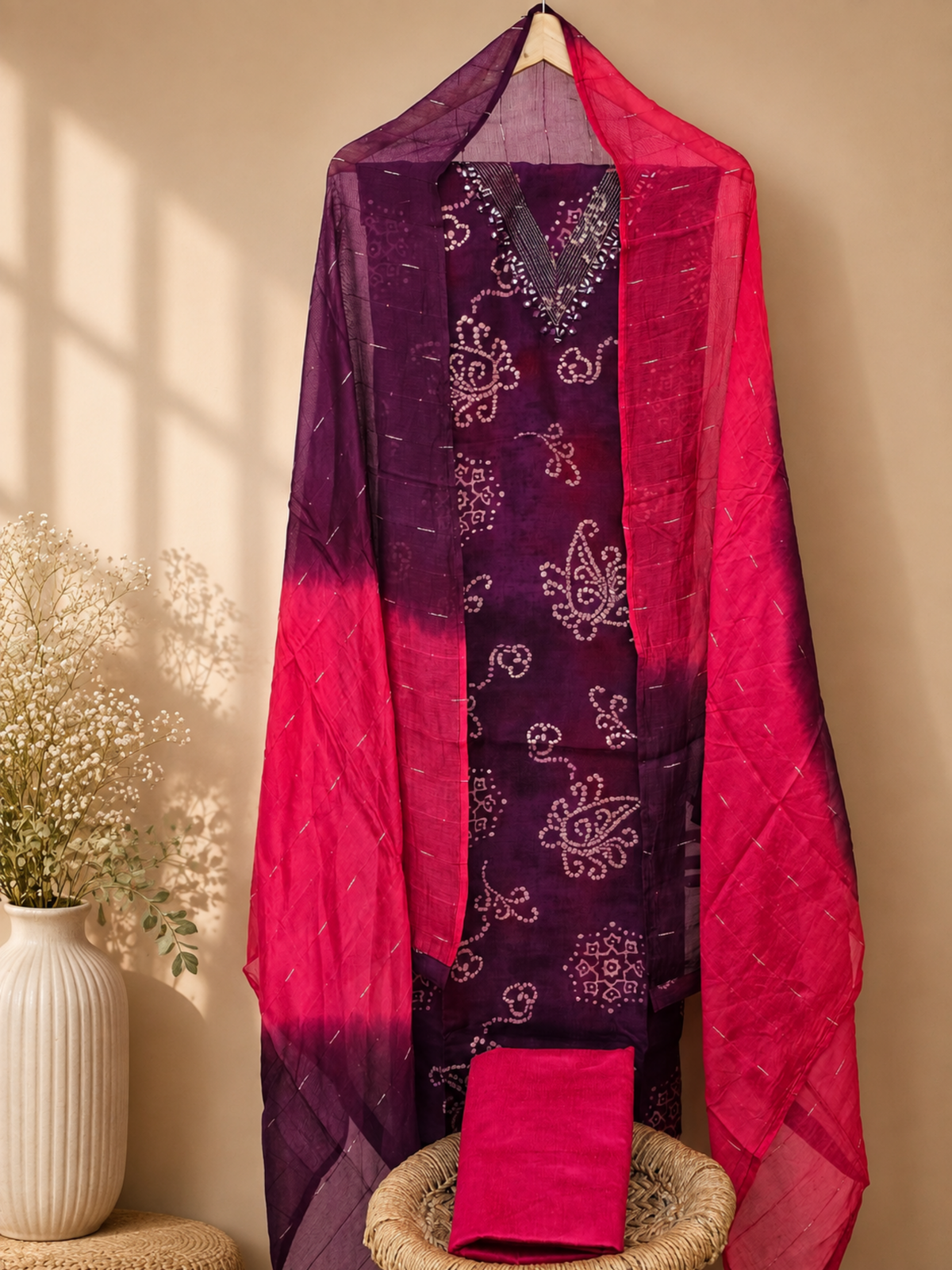 Soft Silk Unstitched Salwar Set –  Magenta Pink with Pink