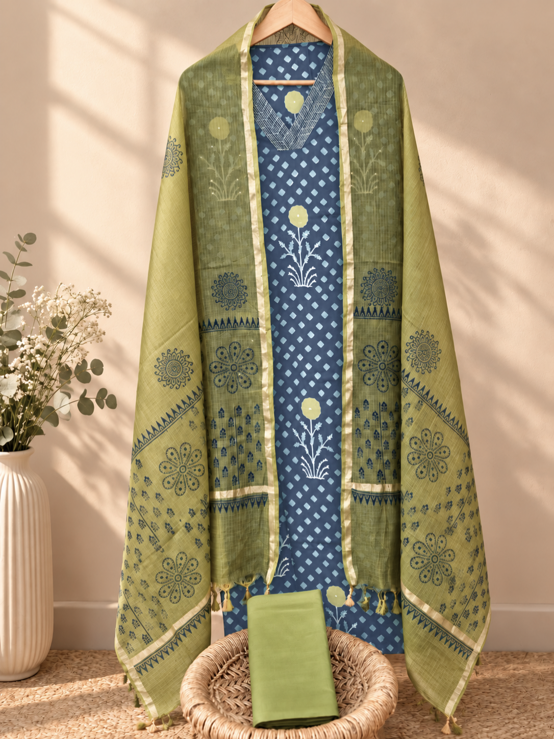 Pure Cotton Unstitched Salwar Set – Blue with Green