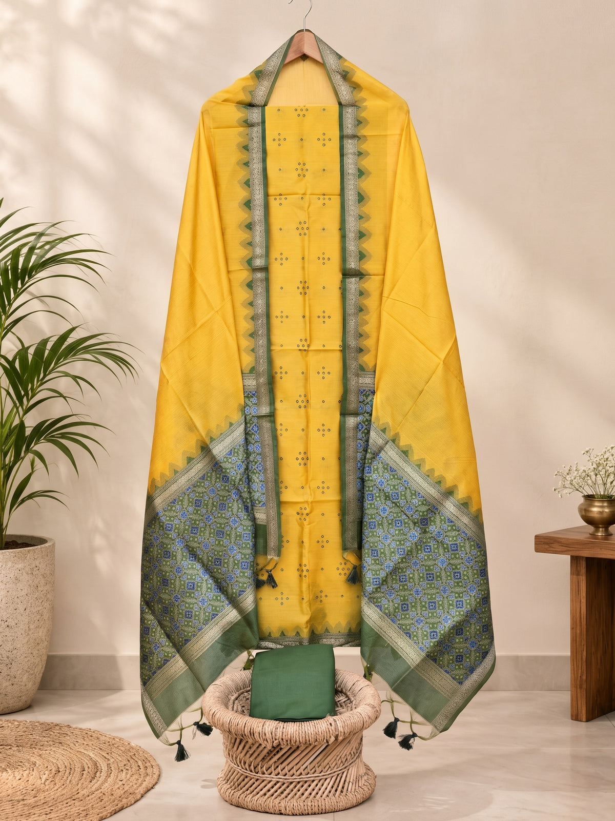 Raw Silk Unstitched Salwar - Yellow with Green