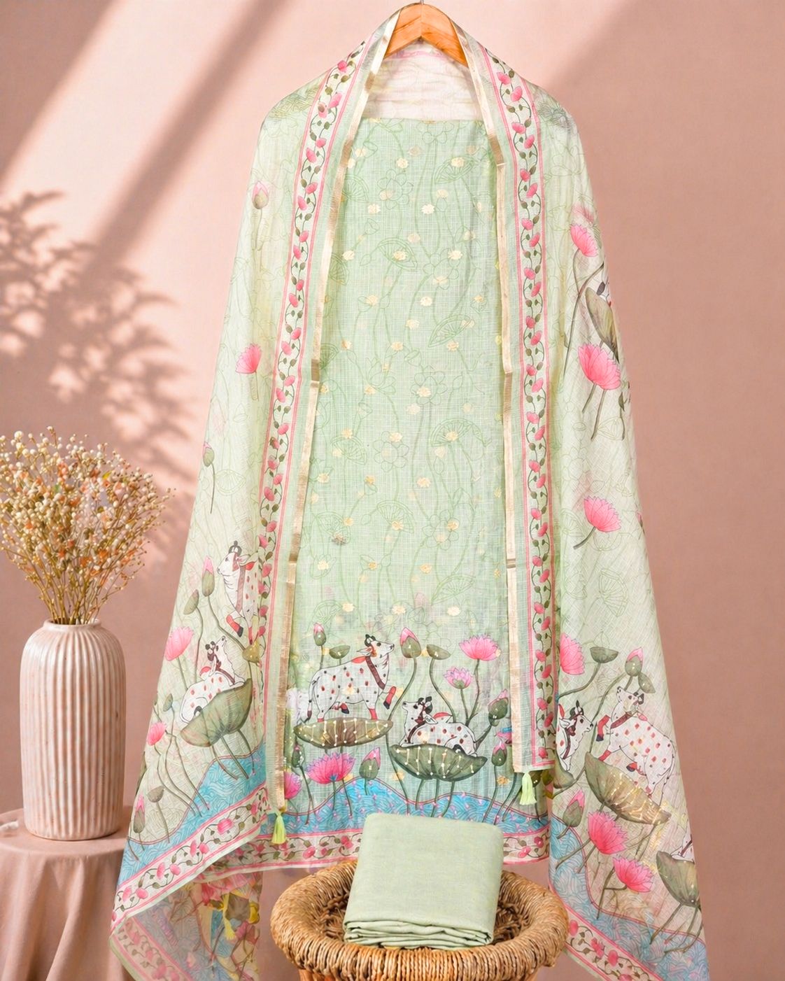 Semi Tussar Kota Unstitched Salwar Set – Green