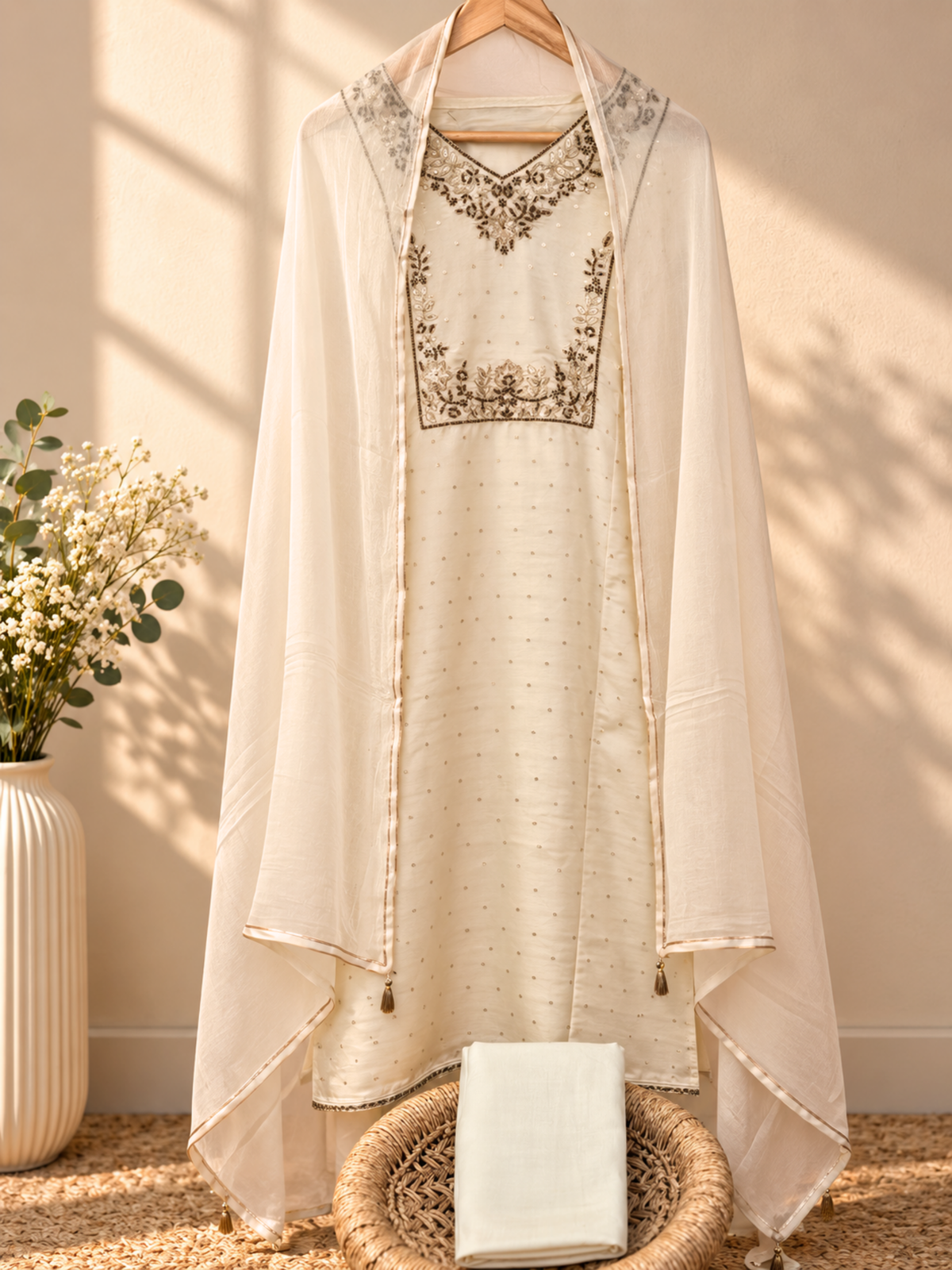Soft Silk Tissue Unstitched Salwar - Cream