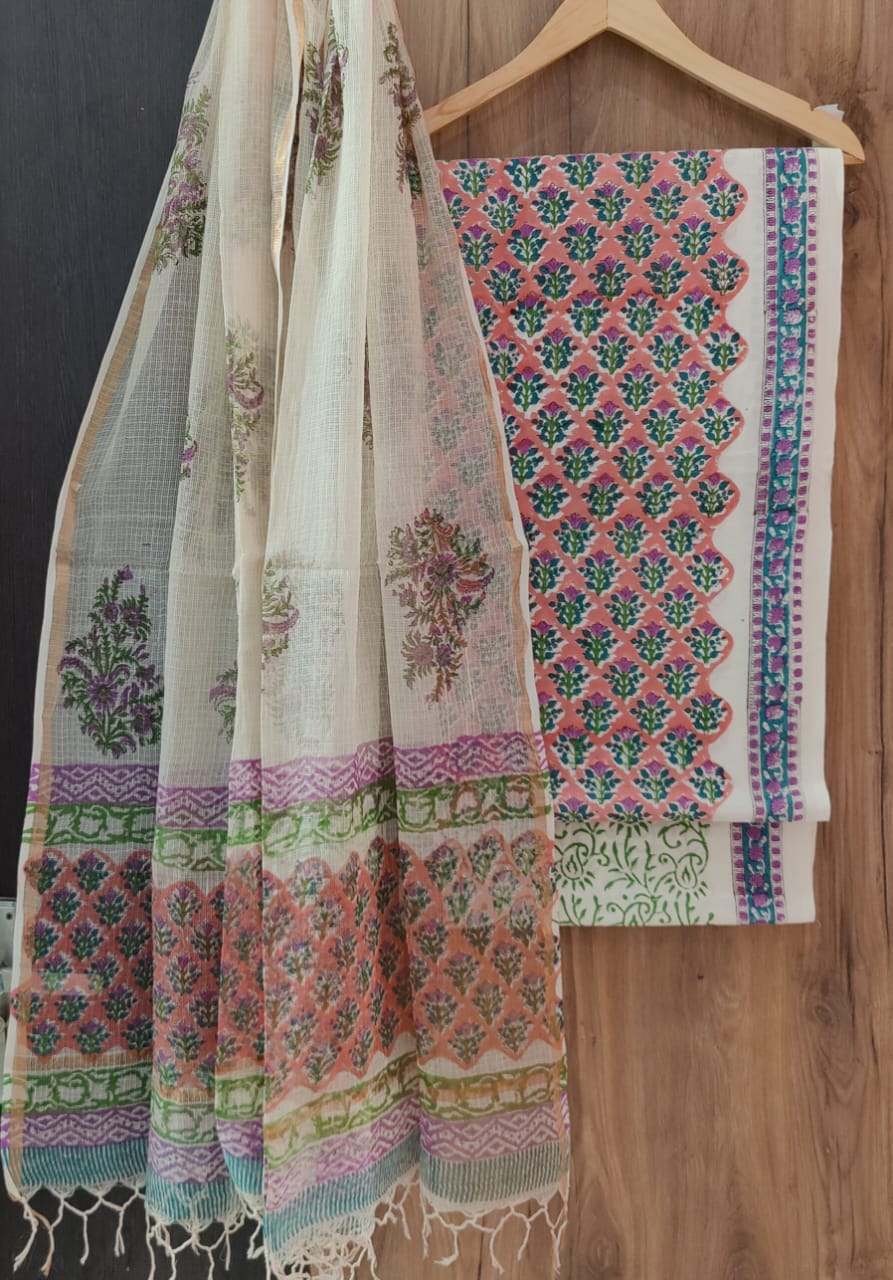 Hand Block Printed Unstitched Suit - Peach with Off-white