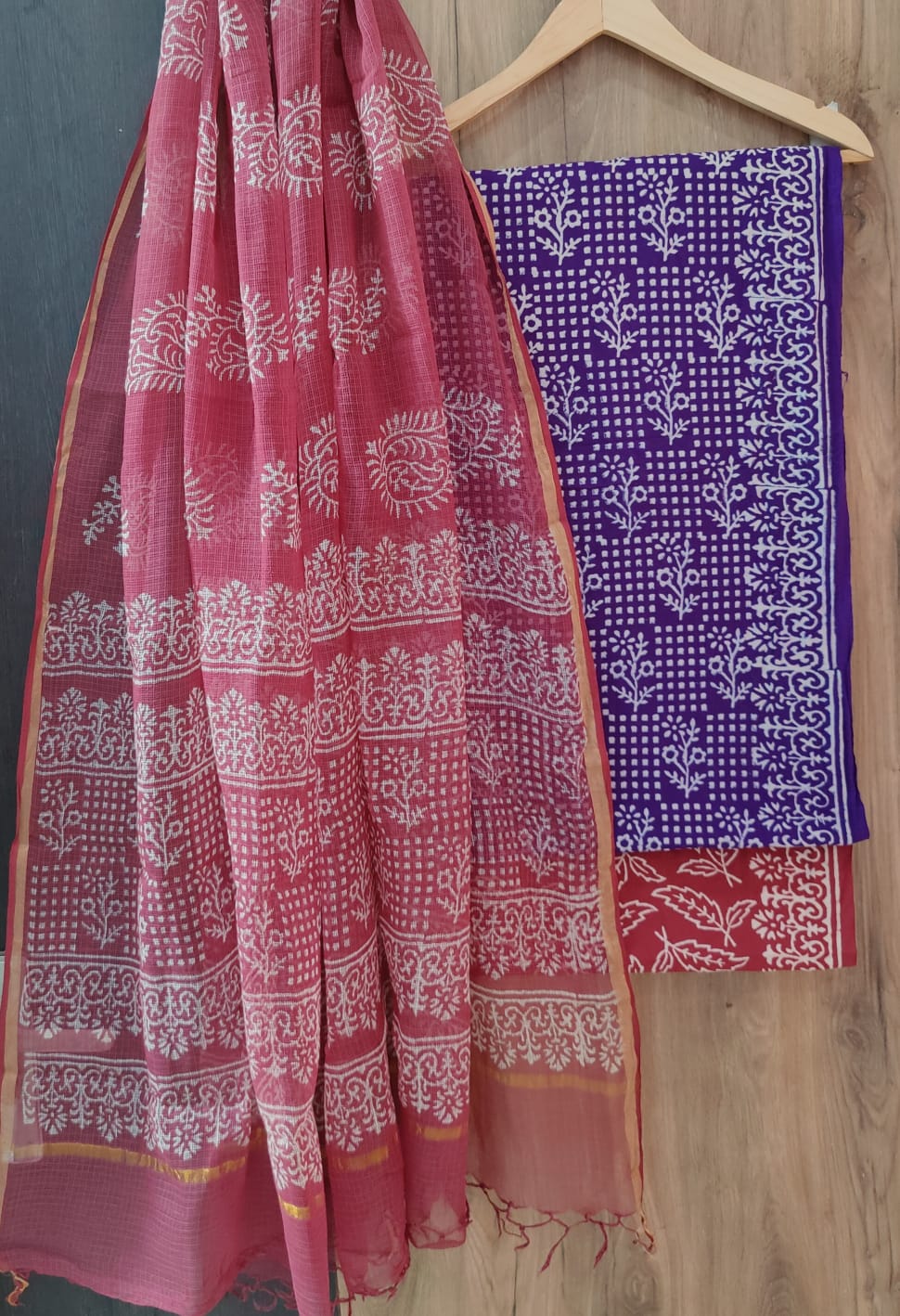 Hand Block Printed Unstitched Suit - Purple with Maroon