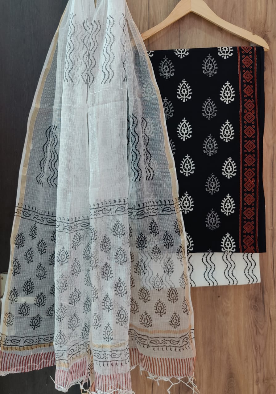 Hand Block Printed Unstitched Suit - Black with White