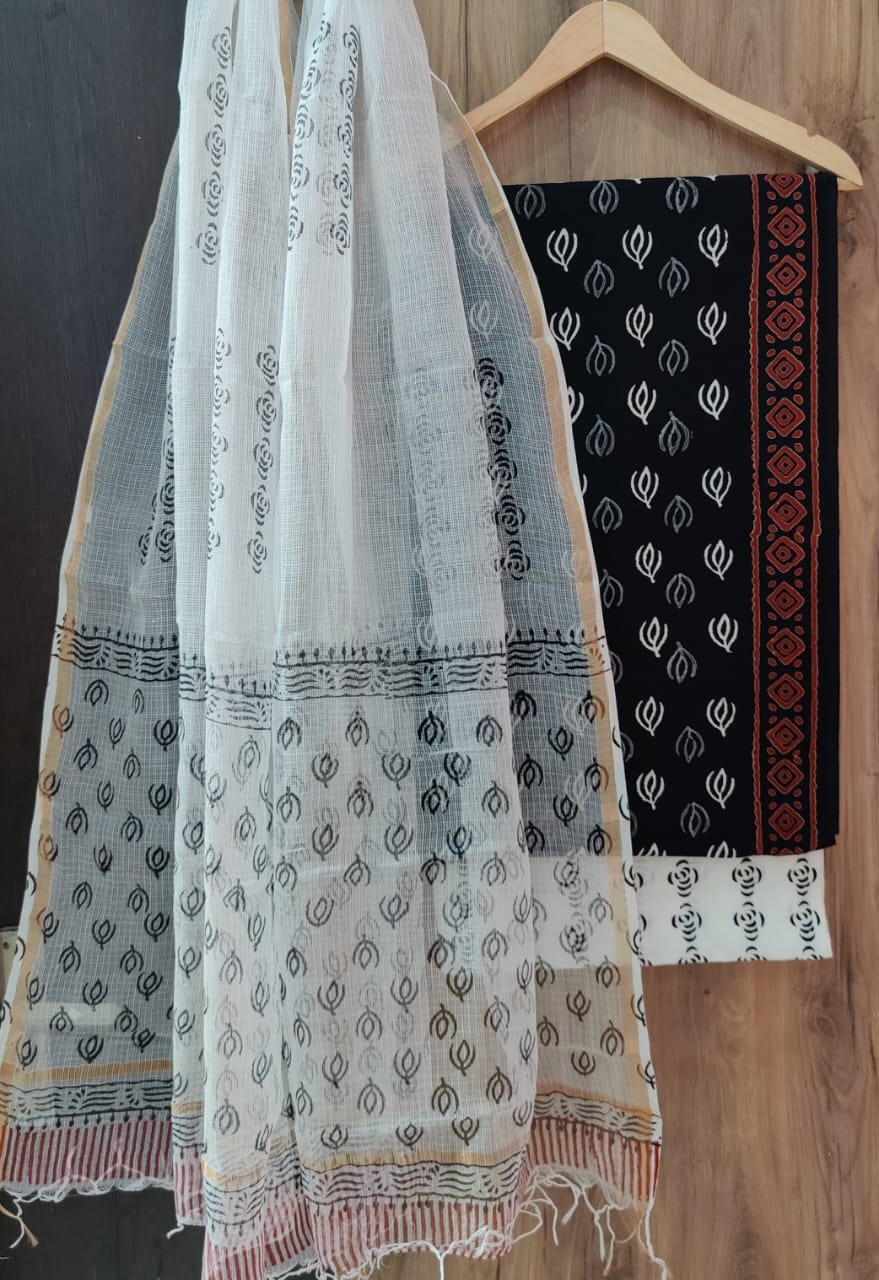 Cotton Hand Block Printed Unstitched Suit - Black with White