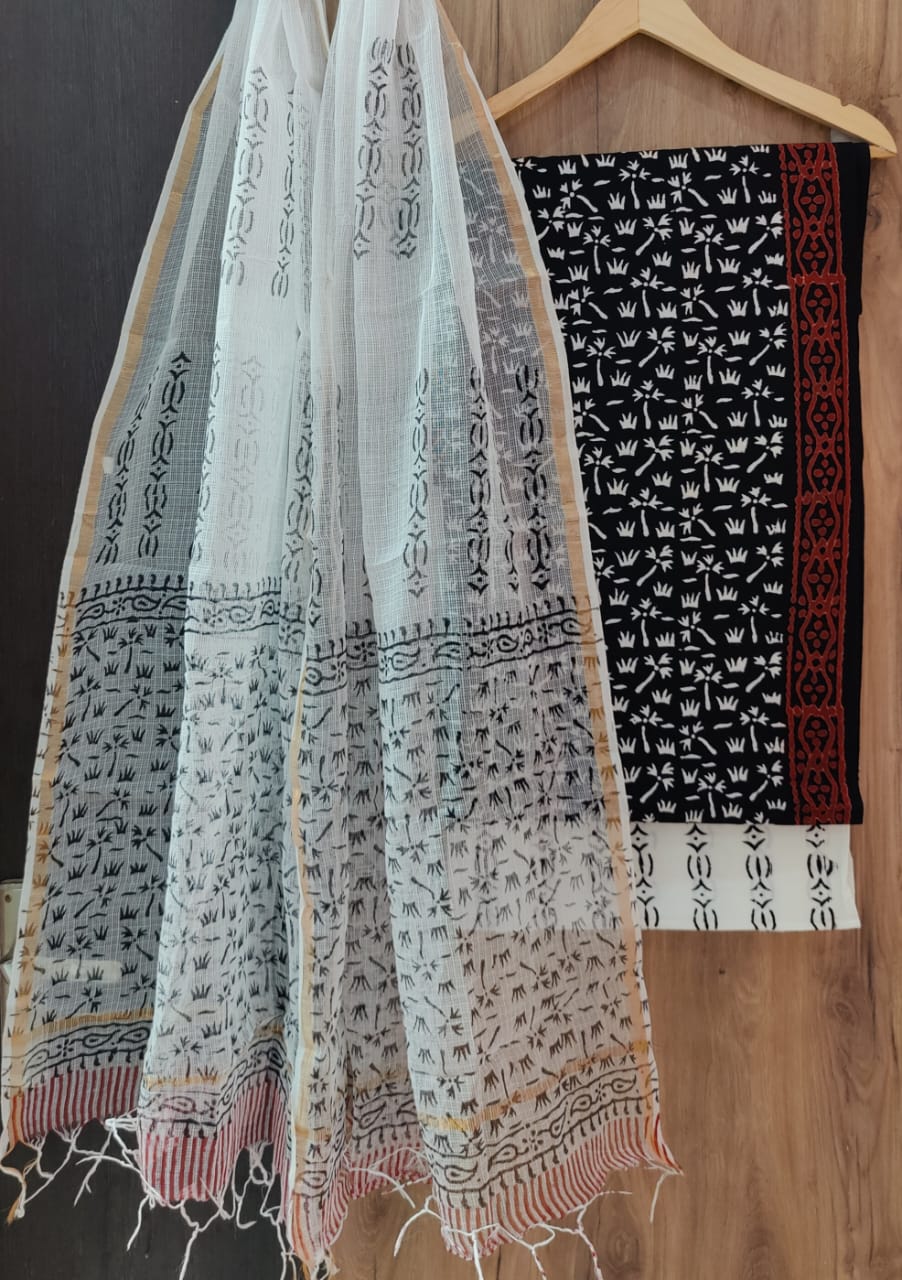 Cotton Hand Block Printed Unstitched Suit - Black with White