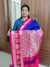 Handloom Uppada Soft Silk Saree - Royal Blue with Pink Tissue Zari Border