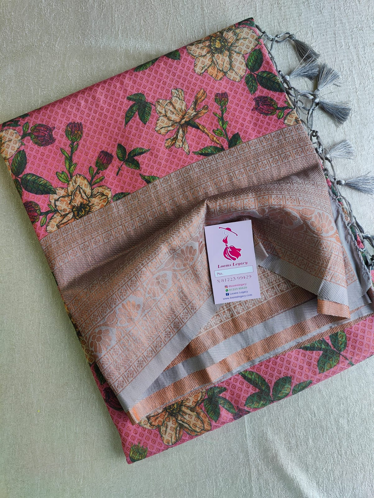 Pink with Grey Semi Banarasi Copper Zari Weave Soft Silk Saree with Digital Print