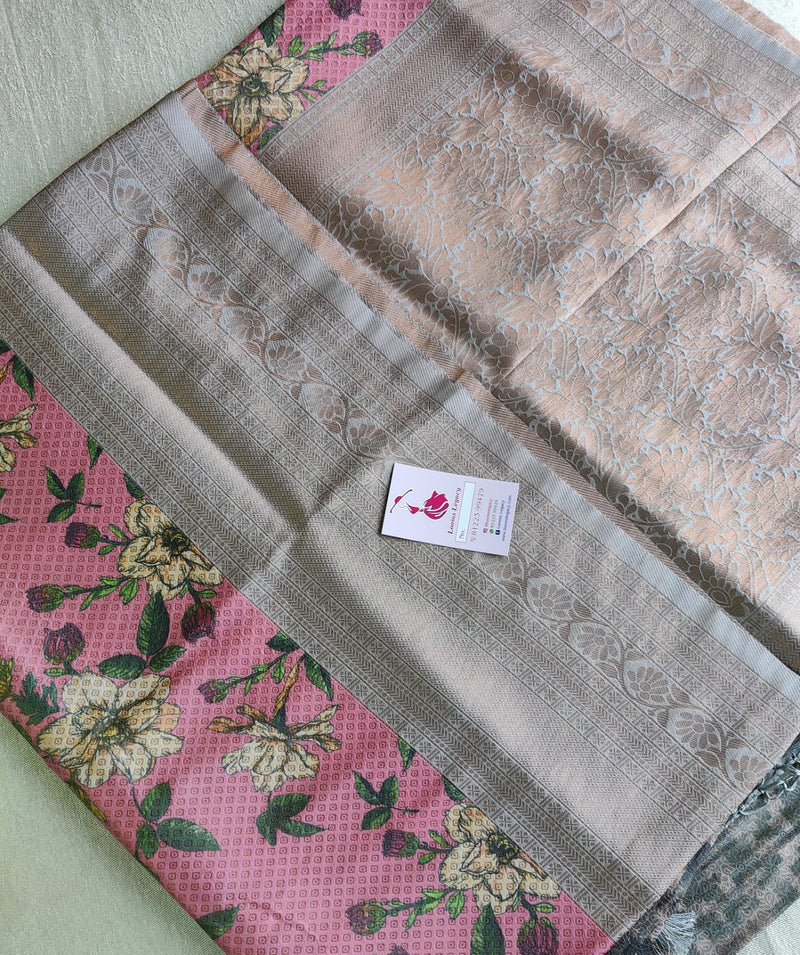 Pink with Grey Semi Banarasi Copper Zari Weave Soft Silk Saree with Digital Print