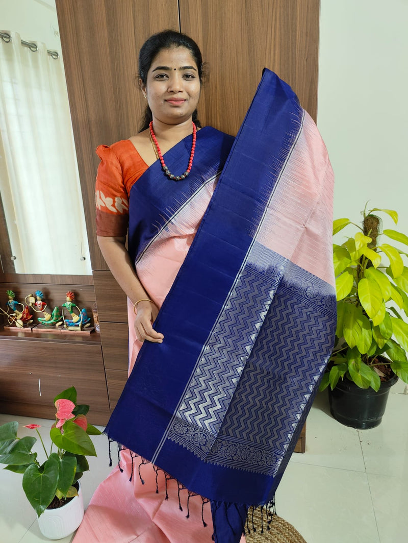 Handloom Pure Kanchi Silk Sarees - Onion Pink with Dark Blue