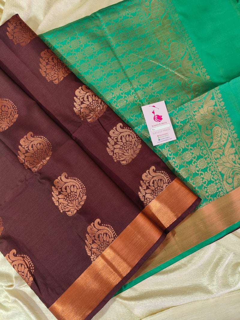 Deep Brown with Sea Green Pallu Border Semi Soft Silk Saree