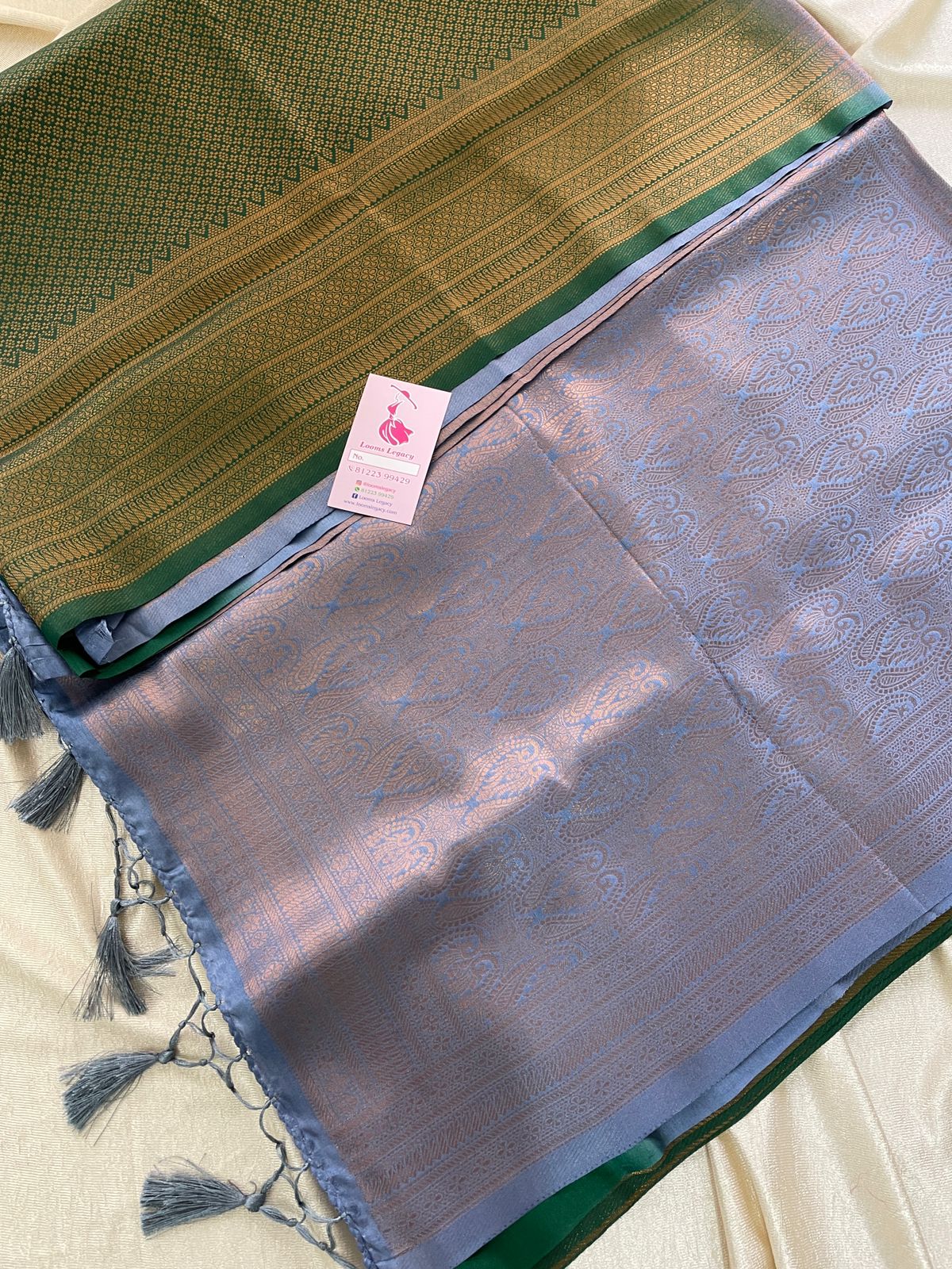 Bottle Green with Grey Copper Zari Weave Soft Silk Saree