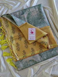 Green with Yellow Shade Semi Banarasi Copper Zari Weave Soft Silk Saree with Digital Print