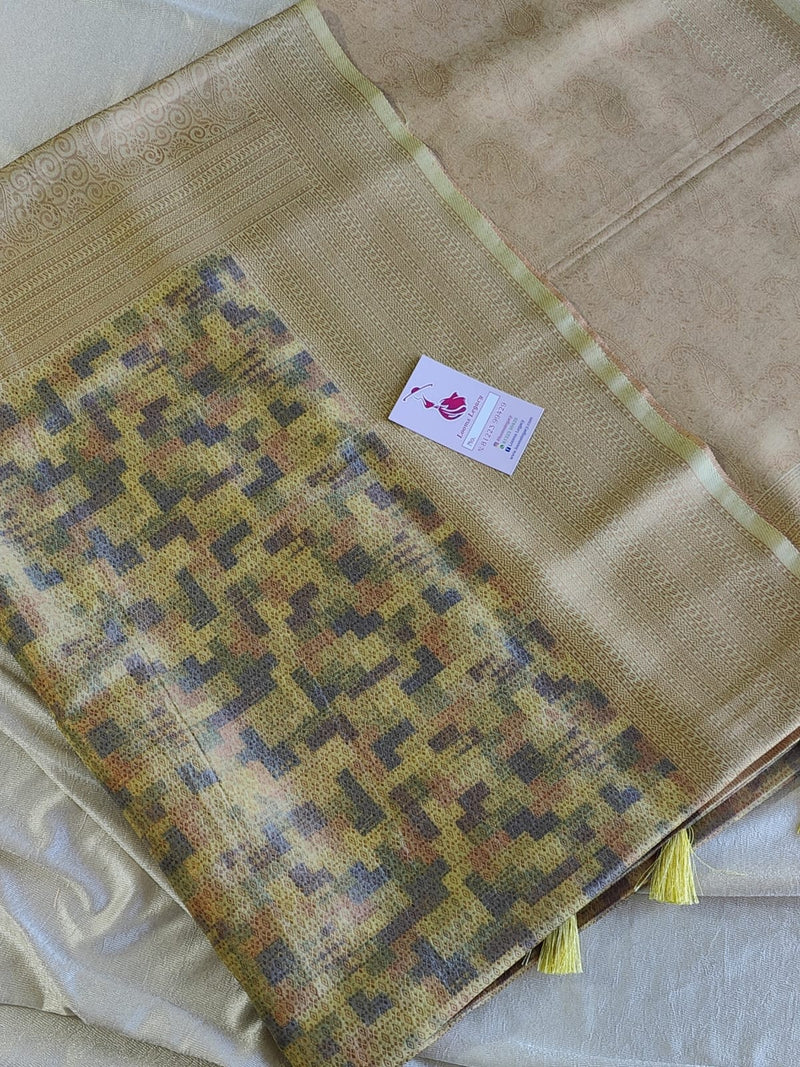 Yellow Shade Semi Banarasi Copper Zari Weave Soft Silk Saree with Digital Print