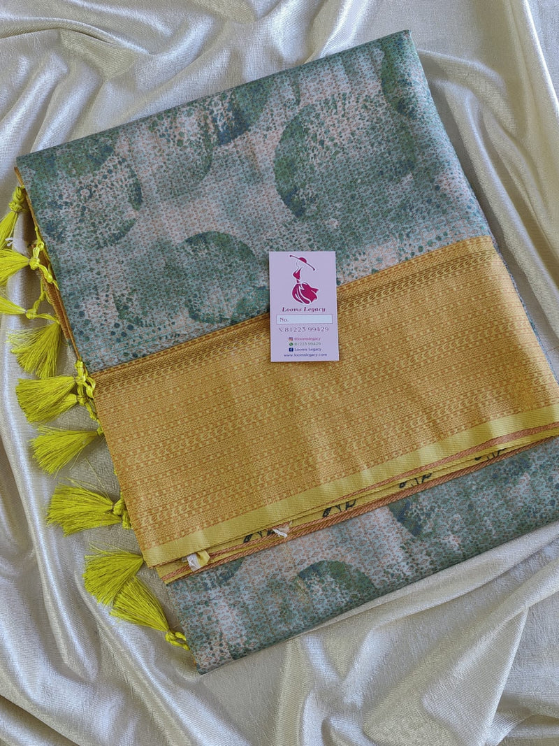 Green with Yellow Shade Semi Banarasi Copper Zari Weave Soft Silk Saree with Digital Print