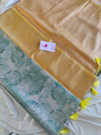 Green with Yellow Shade Semi Banarasi Copper Zari Weave Soft Silk Saree with Digital Print