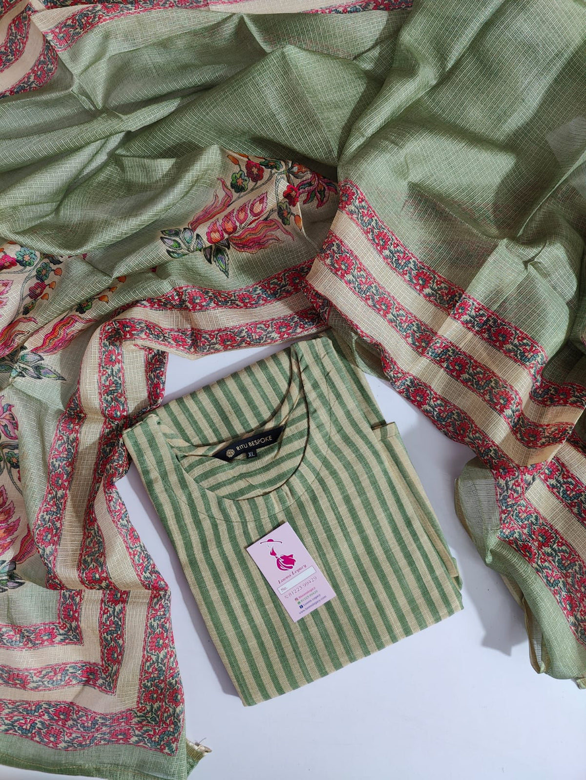 Chanderi Cotton  - Green Stripes