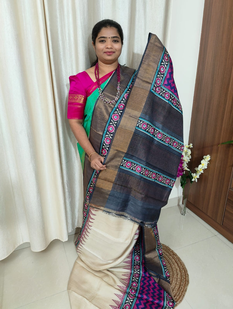 Cream with Pink Handwoven Tussar Silk Saree with Zari Border