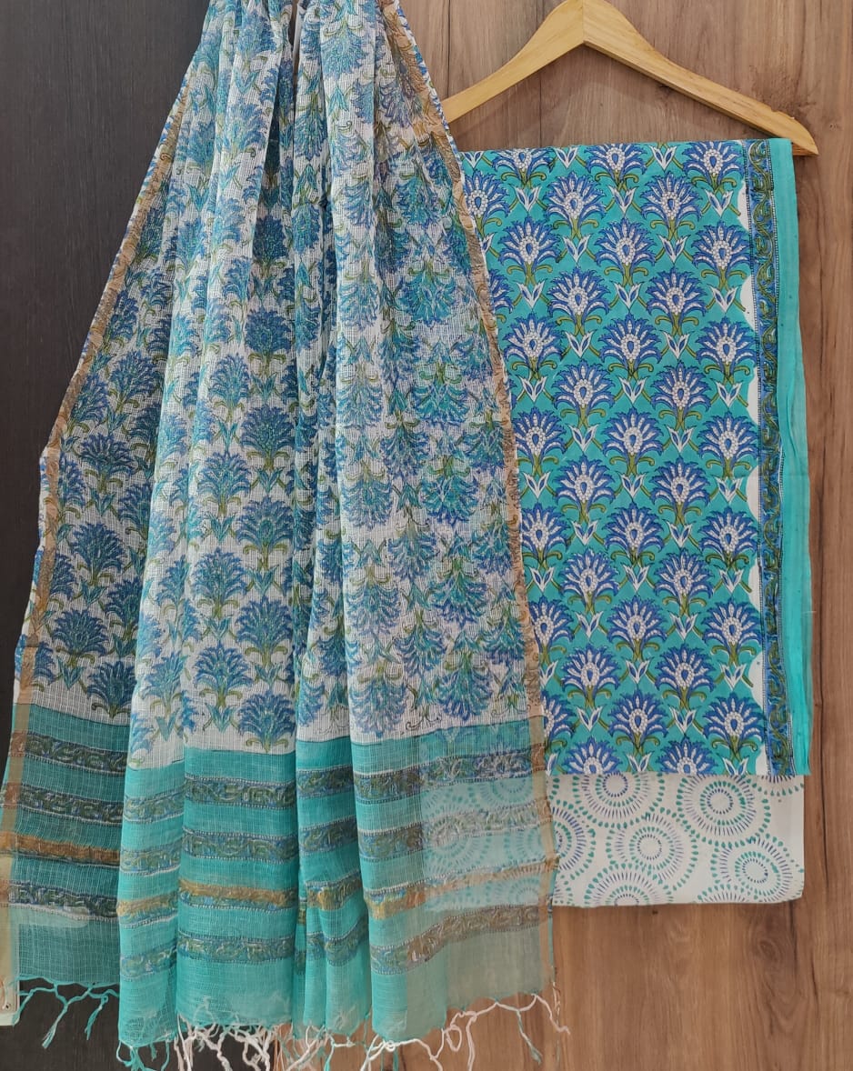 Cotton Hand Block Printed Unstitched Suit - Blue with Off-white