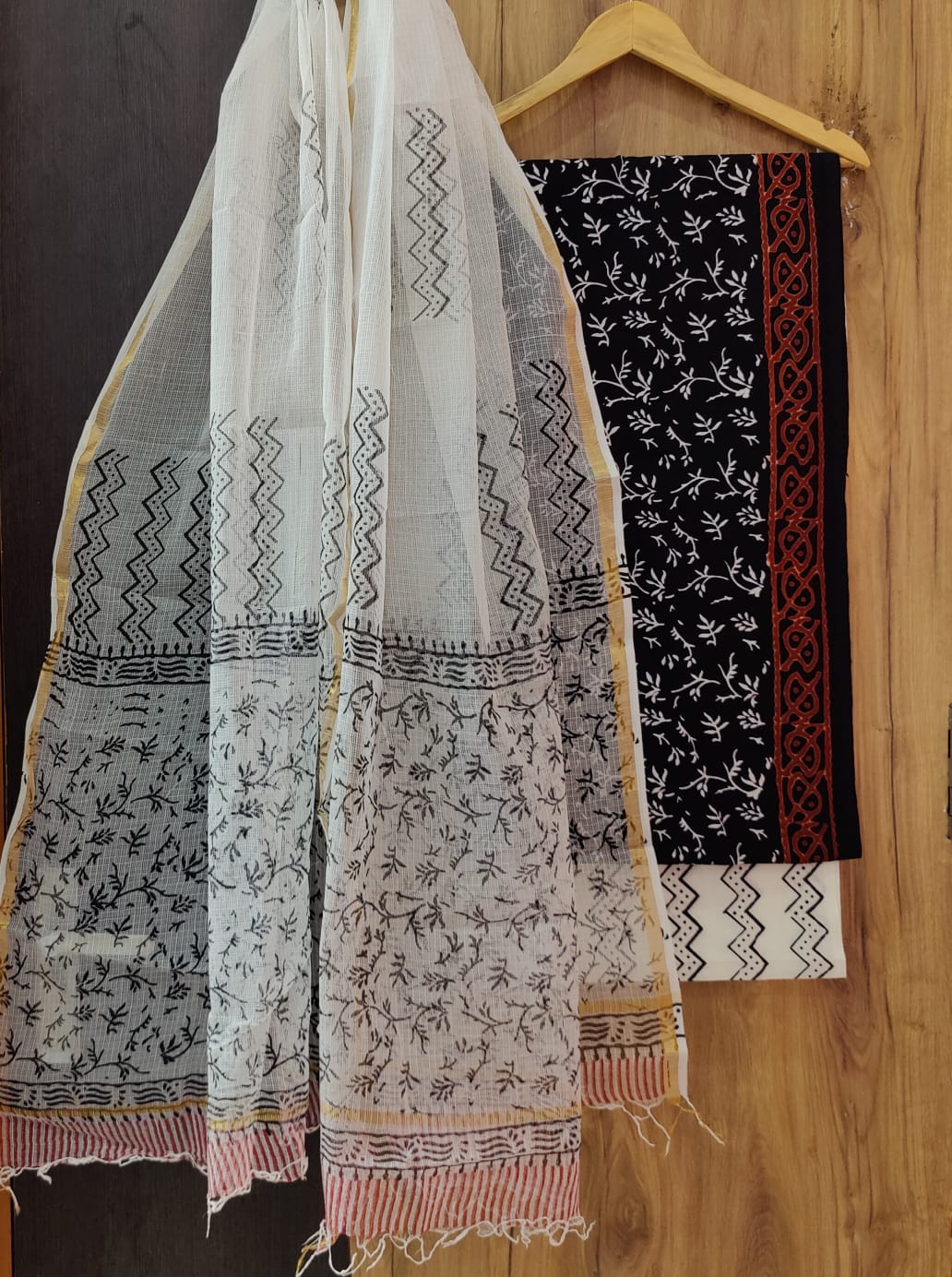 Cotton Hand Block Printed Unstitched Suit - Black with White