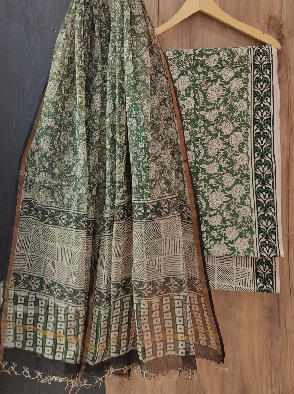 Cotton Hand Block Printed Unstitched Suit - Green with Beige