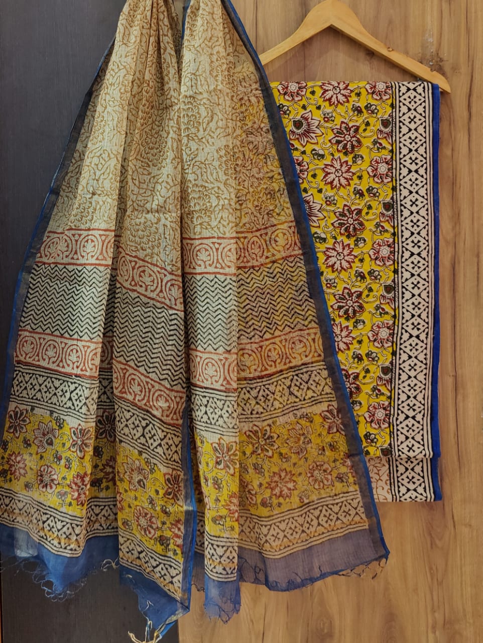 Cotton Hand Block Printed Unstitched Suit - Yellow with Beige