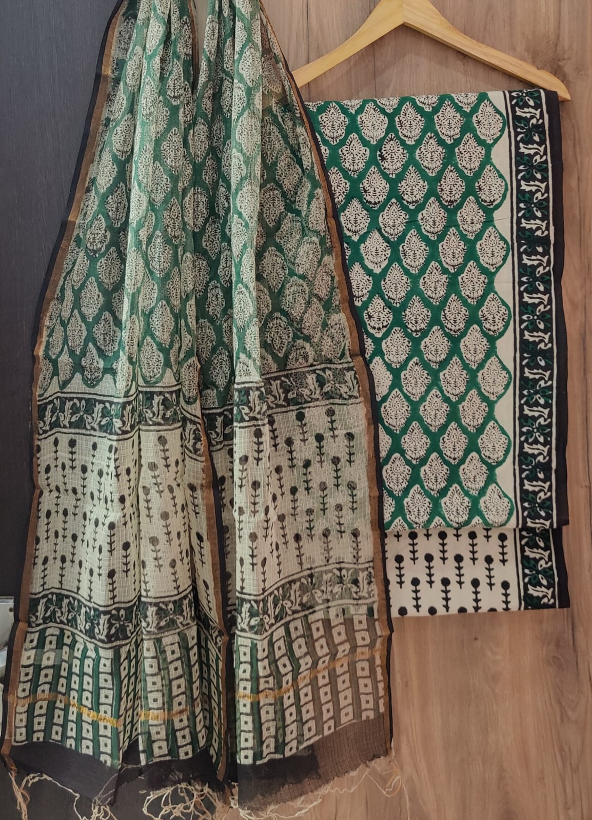 Cotton Hand Block Printed Unstitched Suit -Dark Green with Beige