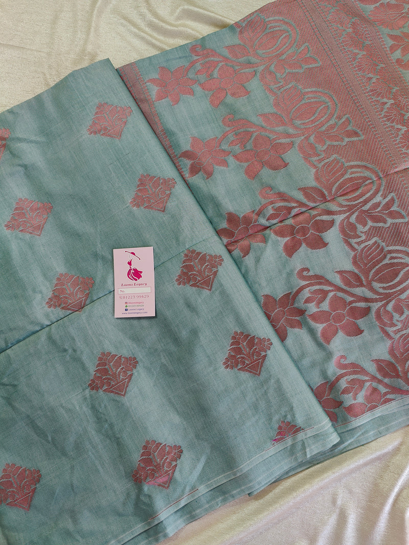 Dual Shade Green cum Blue Thread Woven Butter Semi Soft Silk Sarees