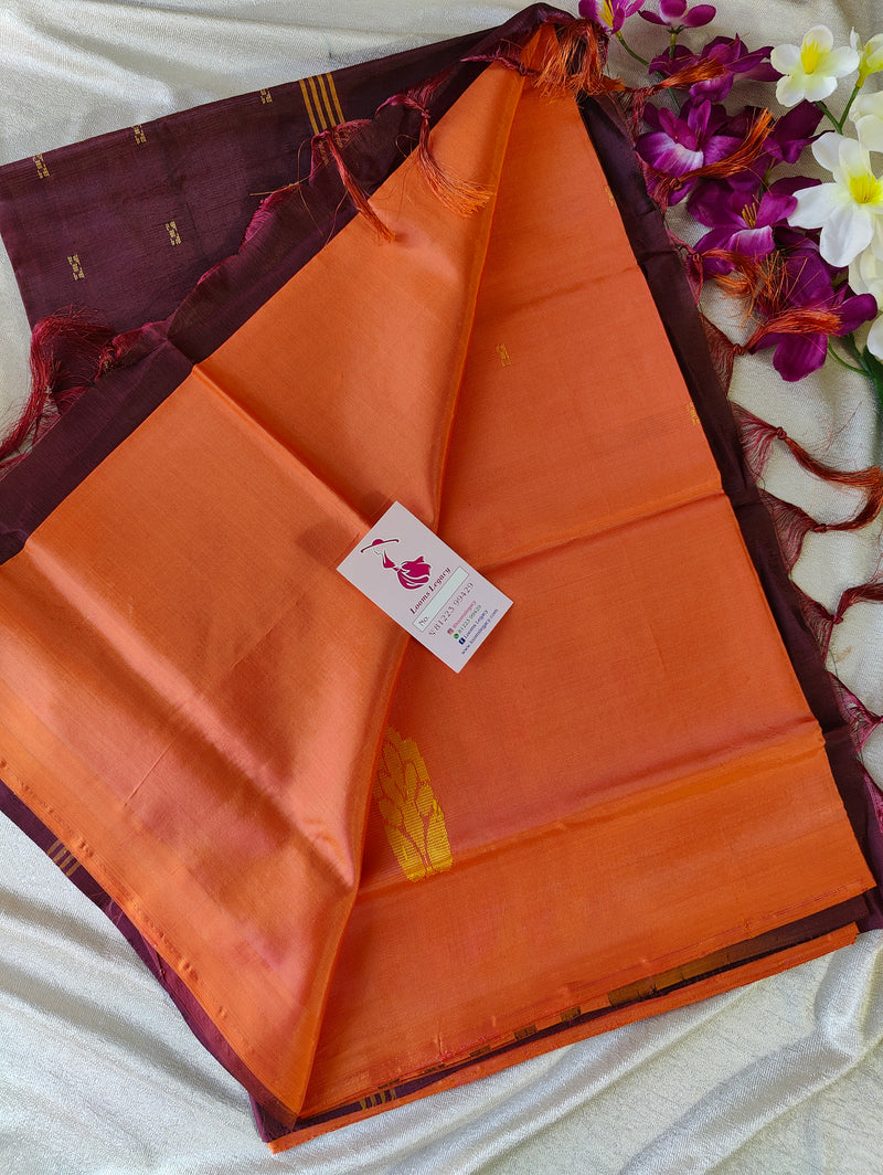 Yellowish Orange with Maroon Handwoven Chinnalampattu Saree