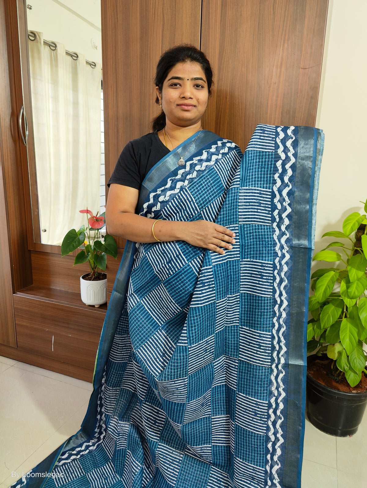 Linen Cotton with Digital Printed Sarees -  Indigo