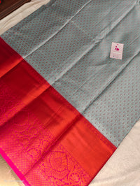 Pastel Blue with Dark Pink Copper Zari Weave Semi Kanchi Silk Brocade Saree