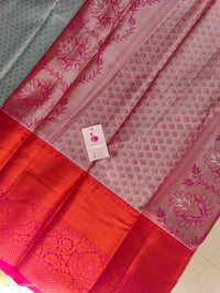 Pastel Blue with Dark Pink Copper Zari Weave Semi Kanchi Silk Brocade Saree