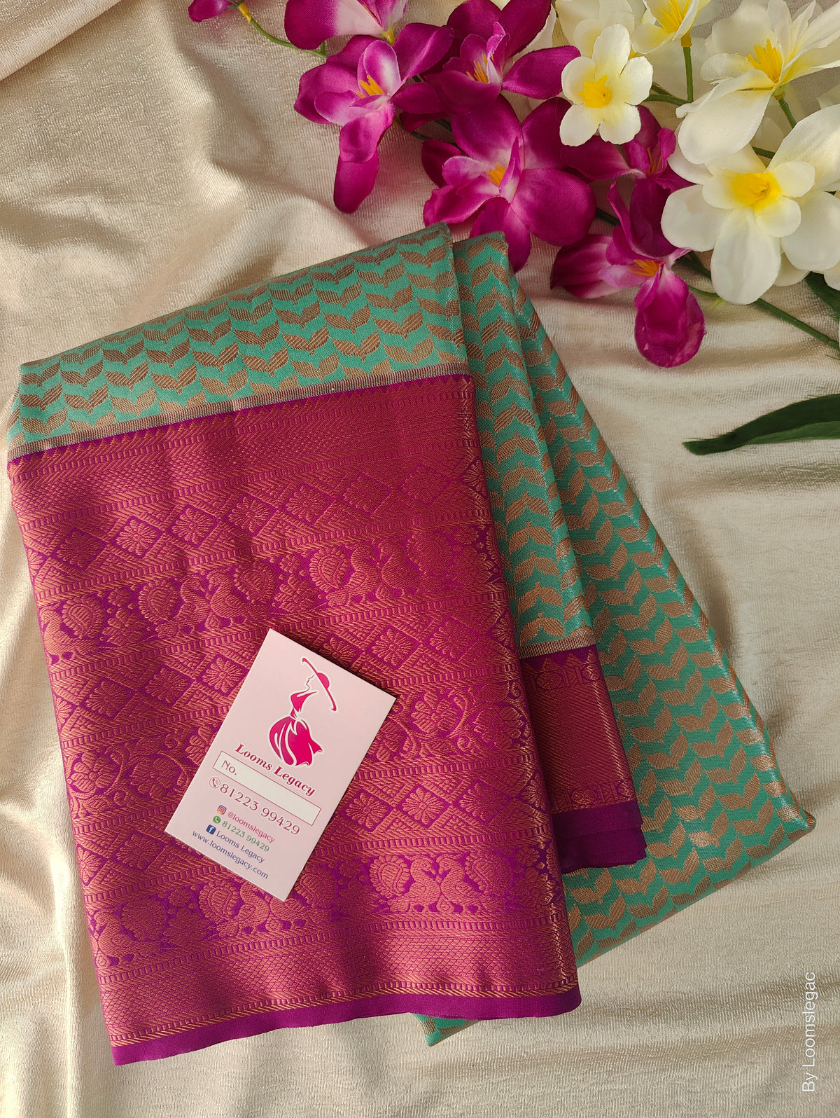 Sea Green with Magenta Copper Zari Weave Semi Kanchi Silk Brocade Saree