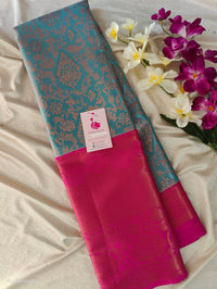 Blue with Pink Copper Zari Weave Semi Kanchi Silk Brocade Saree