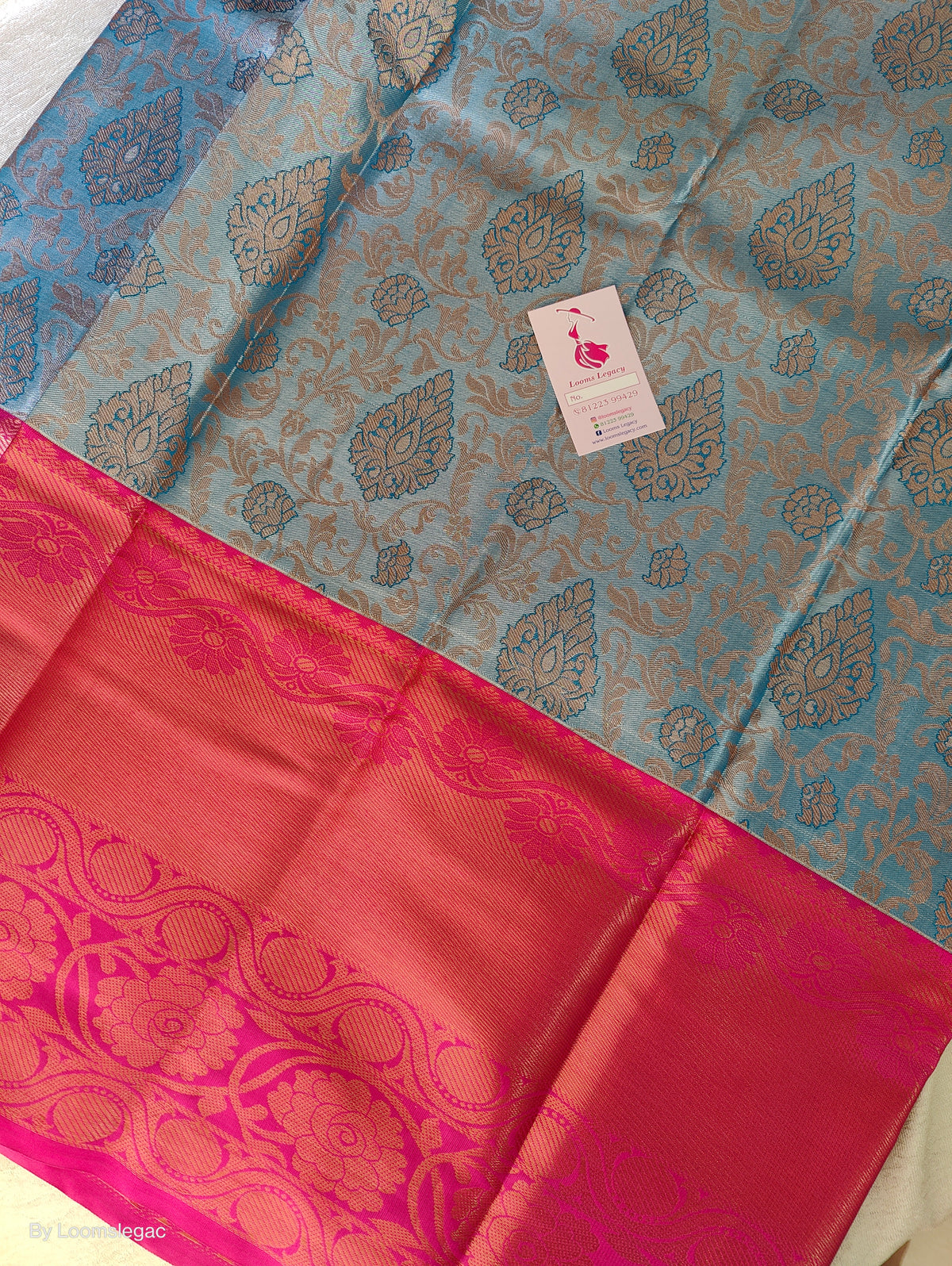 Blue with Pink Copper Zari Weave Semi Kanchi Silk Brocade Saree