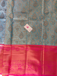 Blue with Pink Copper Zari Weave Semi Kanchi Silk Brocade Saree