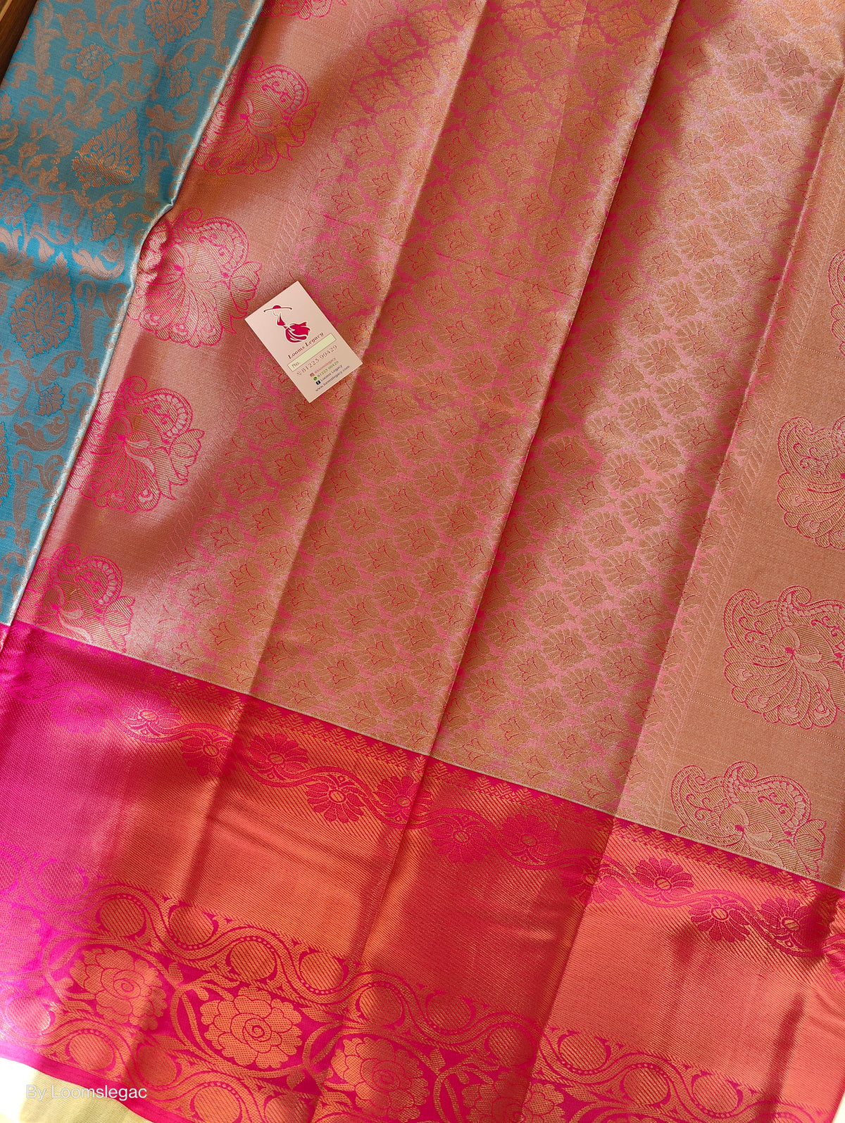 Blue with Pink Copper Zari Weave Semi Kanchi Silk Brocade Saree