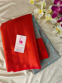 Blue with Red Copper Zari Weave Semi Kanchi Silk Brocade Saree