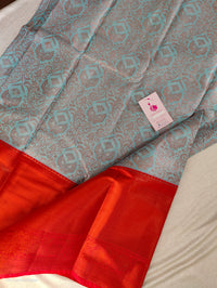 Blue with Red Copper Zari Weave Semi Kanchi Silk Brocade Saree