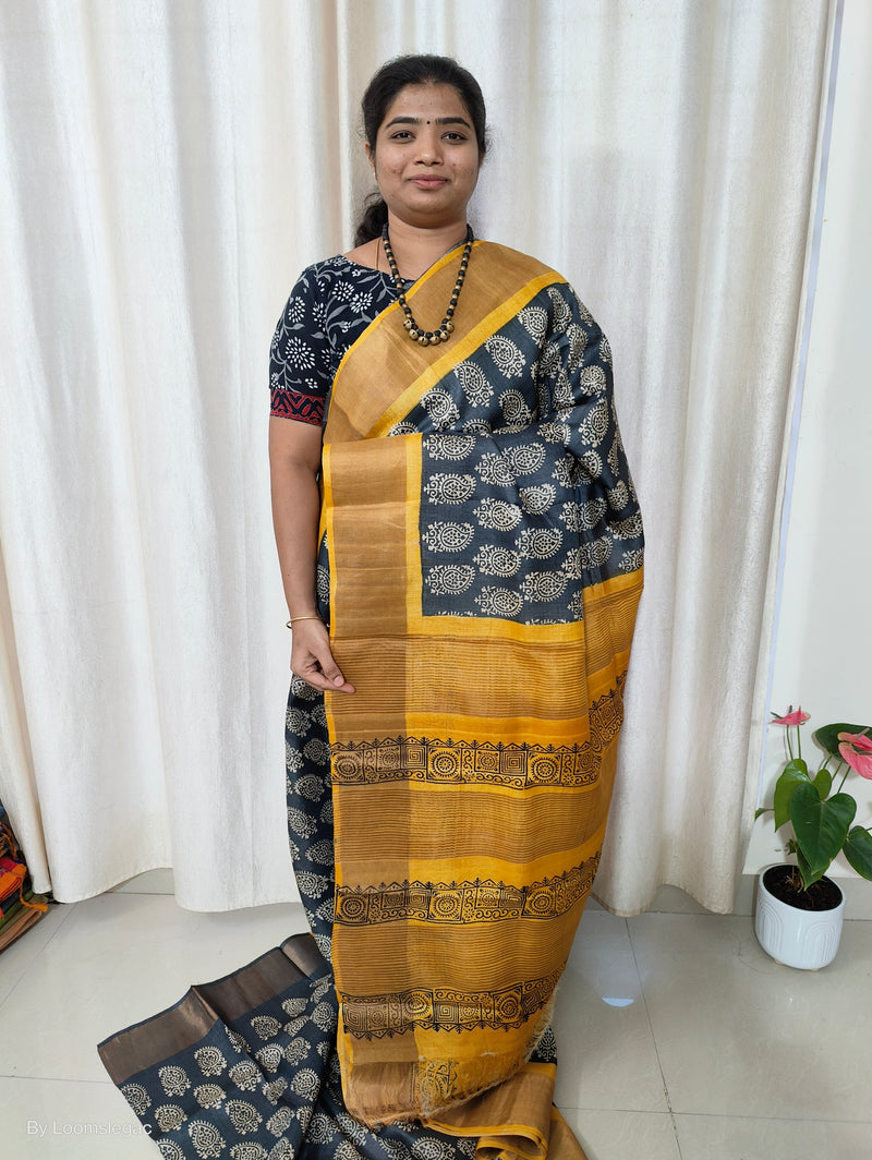 Grey with Yellow  Handwoven Tussar Silk Saree with Zari Border