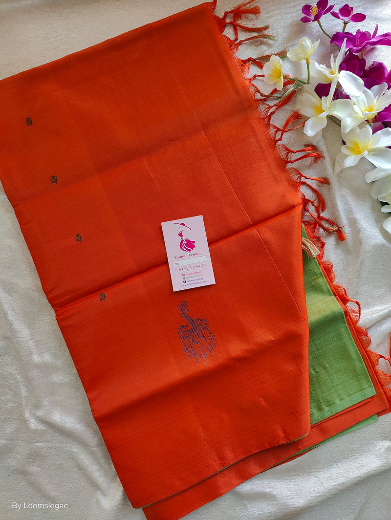 Green with Orange Pallu Handwoven Chinnalampattu Saree