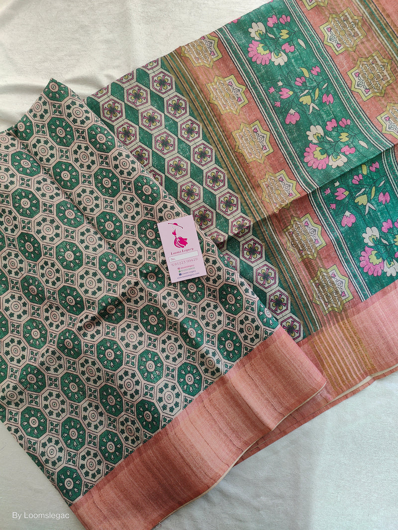 Semi Ghicha Green with Brown  Printed Saree