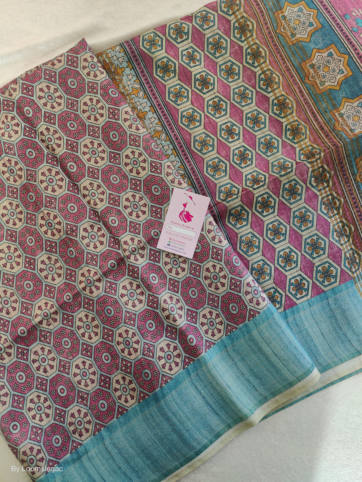 Semi Ghicha Pink with Blue Printed Saree