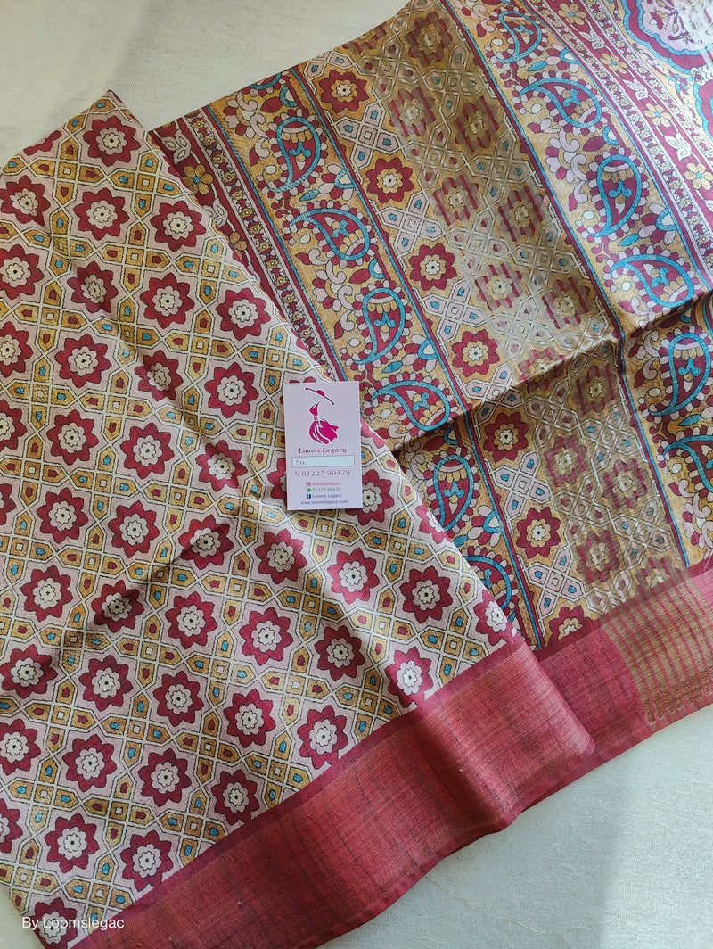 Semi Ghicha Light Pink with Maroon Printed Saree