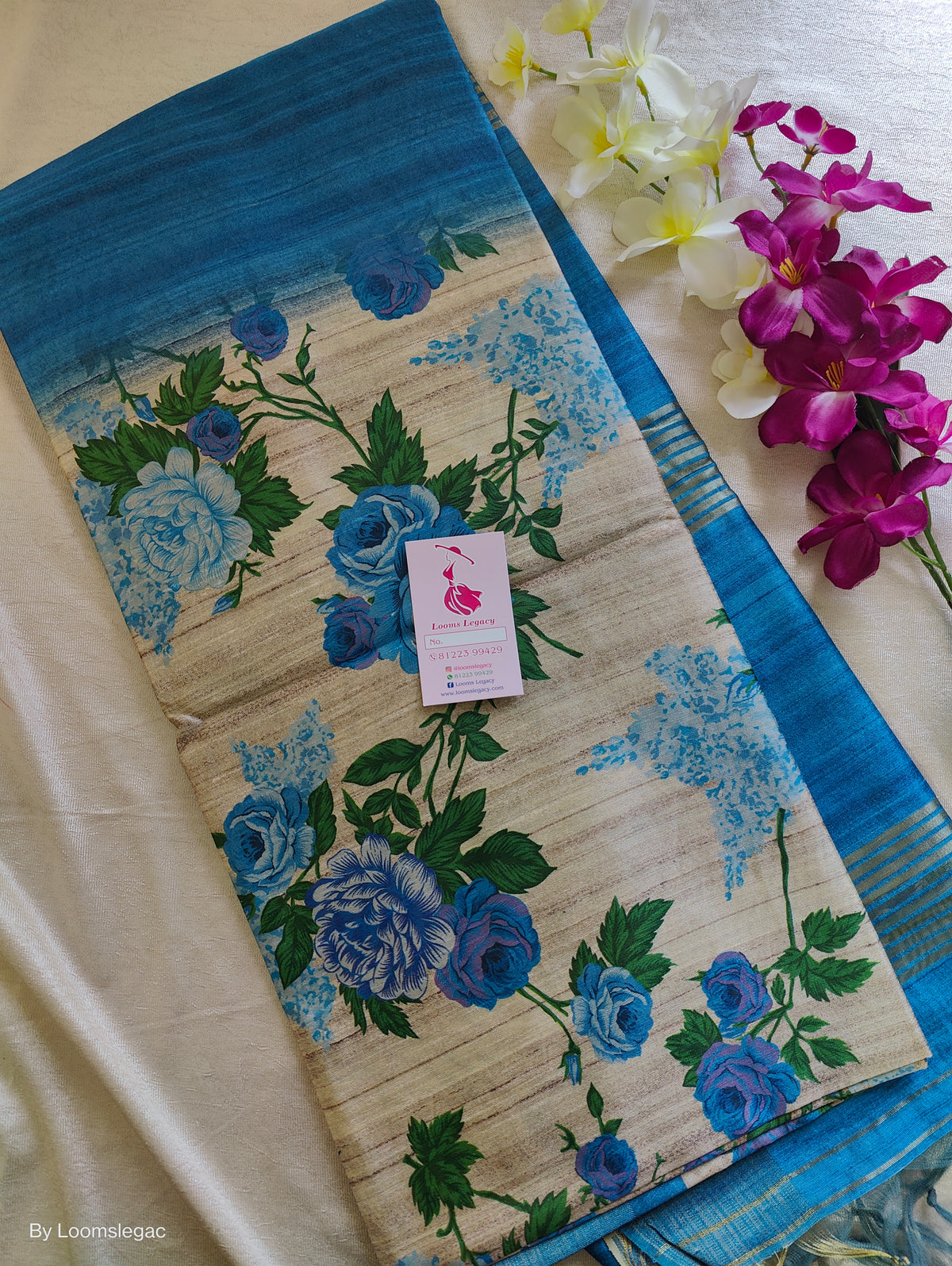 Semi Ghicha Blue Floral Printed Saree