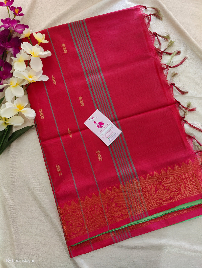 Green with Red Pallu Chinnalampattu Long Border Saree