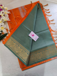 Grey cum Green with Orange Pallu Chinnalampattu Long Border Saree